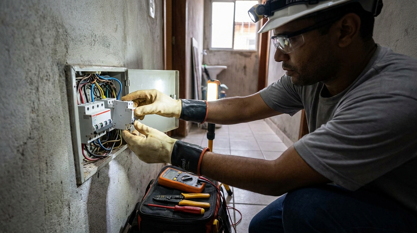 Eletricista comercial instalando disjuntor em Campo Grande‑MS