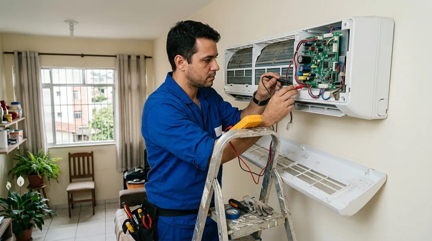 Eletricista ligando a placa do ar-condicionado split em Campo Grande‑MS